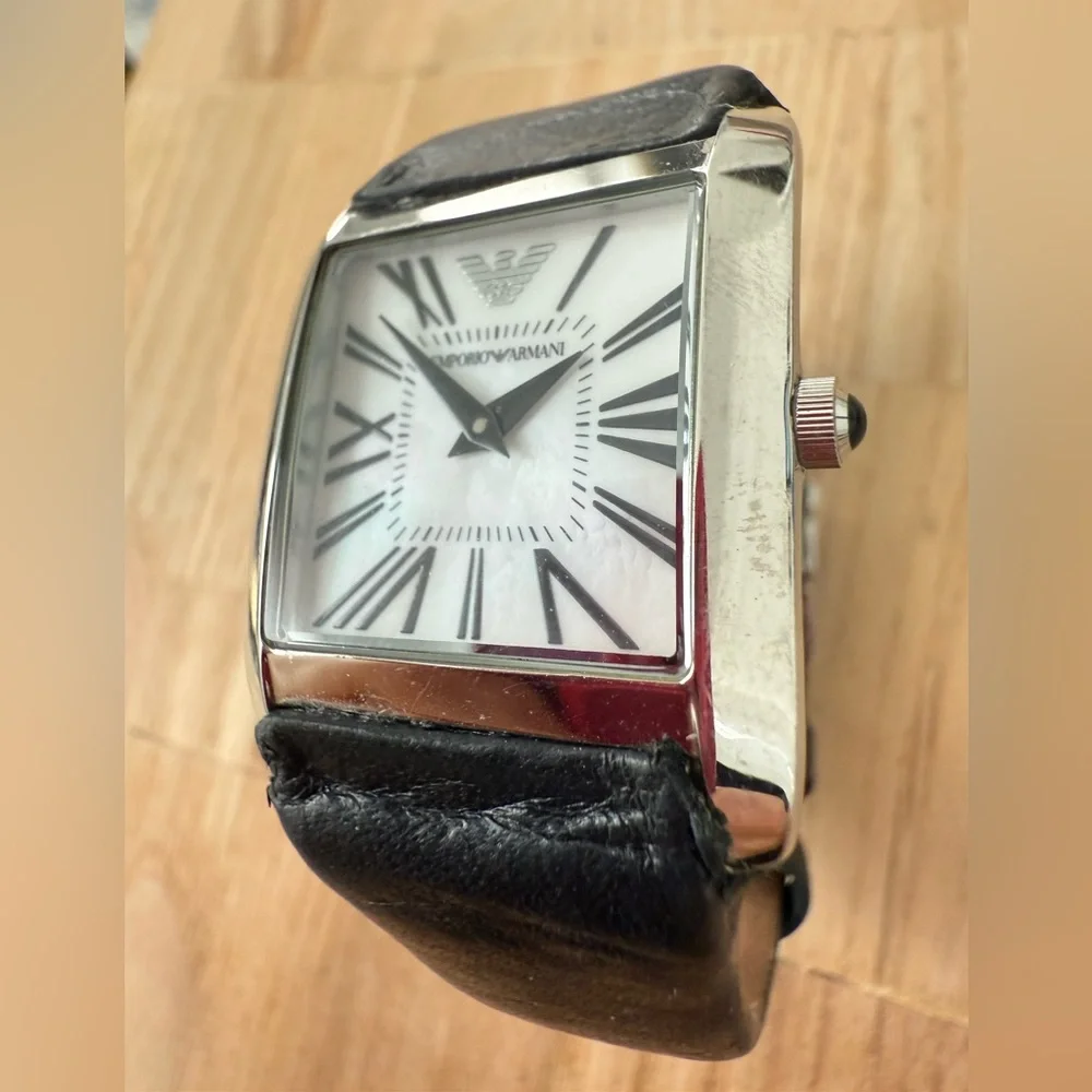 Emporio Armani ladies silver tone square black leather watch NEW BATTERY